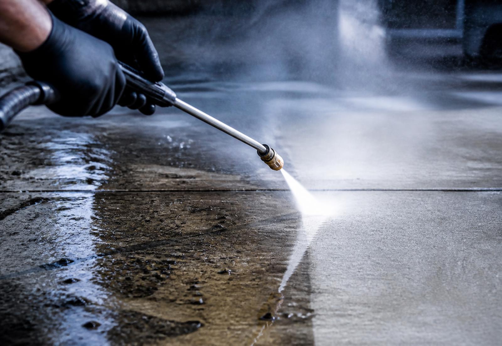 Pressure washer wand blasting grime off a concrete driveway